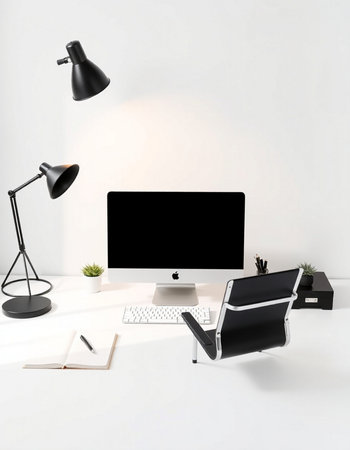 workplace with computer, lamp and notebook on white background. 3d rendering