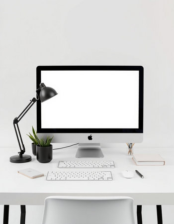 workplace with computer, lamp and stationery isolated on white background