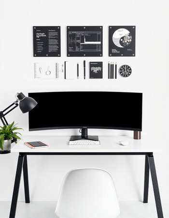 Modern workspace with computer and other items. 3d rendering mock up