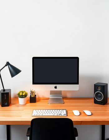 Computer on wooden table in front of white wall. 3d rendering