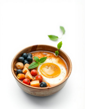 Bowl of porridge with fried egg and fresh berries