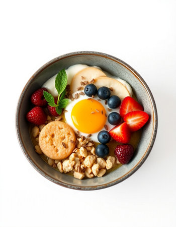 Bowl of cereal with berries and fried egg on white background