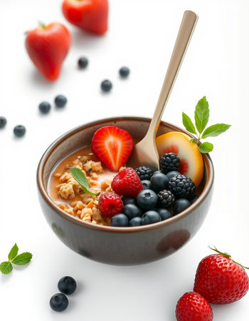 Bowl of oatmeal with fresh berries and spoon on white background