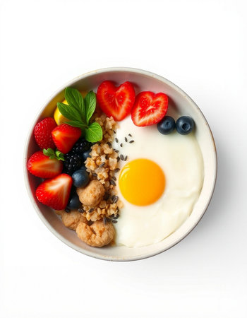 Healthy breakfast with oatmeal, berries and fried egg on white background