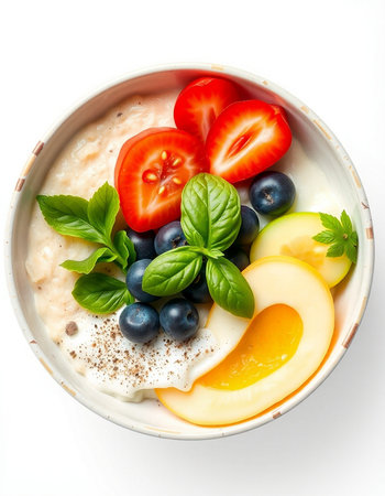 Oatmeal porridge with fruits and berries in bowl isolated on white background