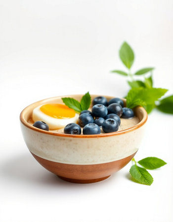 bowl of yogurt with blueberries and egg on white background