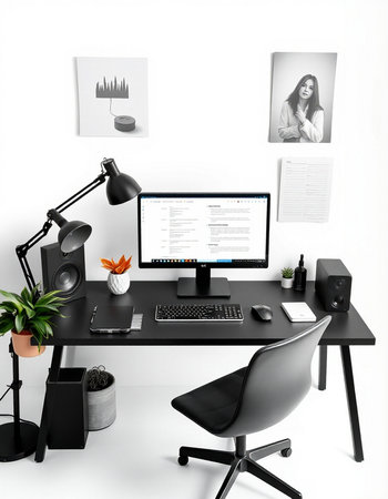 Workplace with computer, lamp and plant on white background. 3D rendering.の写真素材