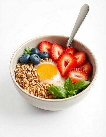 Healthy breakfast with oatmeal, strawberry and blueberry on white backgroundの写真素材
