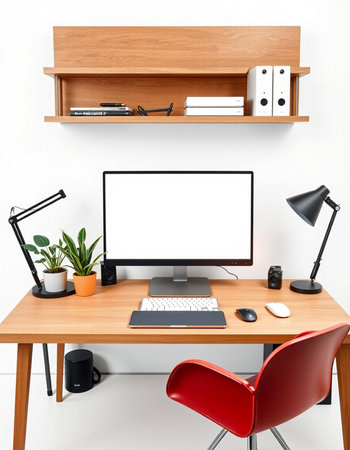 Modern workspace with computer and decorations. 3d render illustration mockup