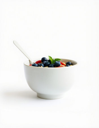 bowl of fresh blueberries and strawberries on white background
