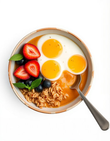 Fried eggs with oatmeal and berries in bowl isolated on white backgroundの写真素材