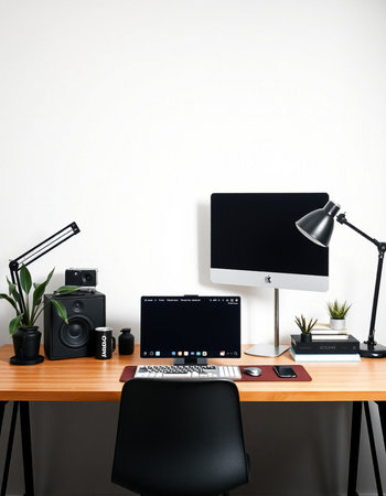 Designer workspace with computer monitor, keyboard, mouse, graphic tablet, camera and other objectsの写真素材