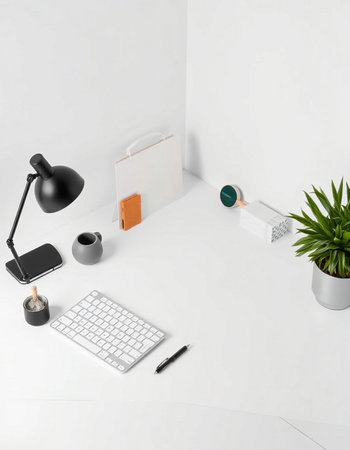 White office desk with laptop, coffee cup, supplies and plant. 3d render