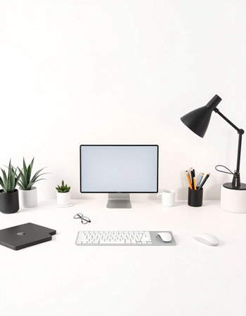Minimalistic workspace with computer, keyboard, mouse, coffee cup and plant. Workplace concept. 3D...