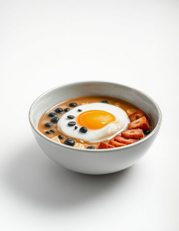 bowl of egg and blueberries on white background