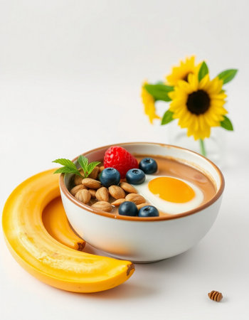 Healthy breakfast with oatmeal, blueberries, raspberries and nuts on white background
