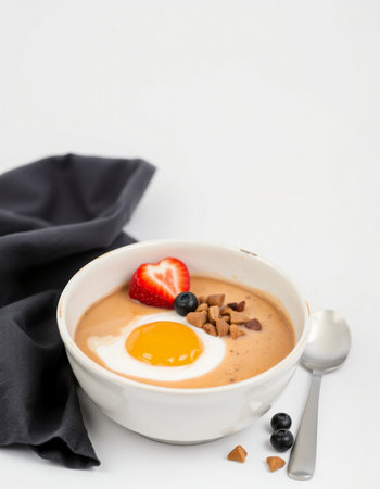 Chocolate mousse with fresh berries on white background