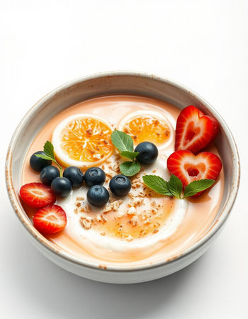 bowl of yogurt with fresh berries and orange on white background, healthy breakfast