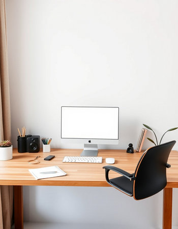 Workplace with computer and stationery on wooden table near white wall