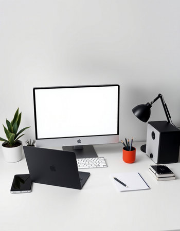 workplace with computer, notebook and stationery on white wall background