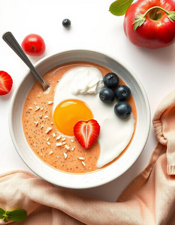 Soup with yoghurt and berries on a white background