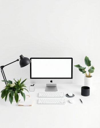 Mockup computer with blank screen and office supplies on white background