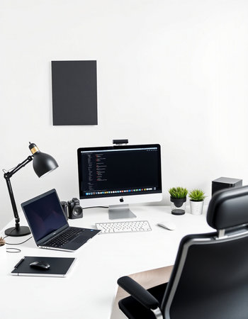 workplace with computer, keyboard, mouse, lamp and other objects