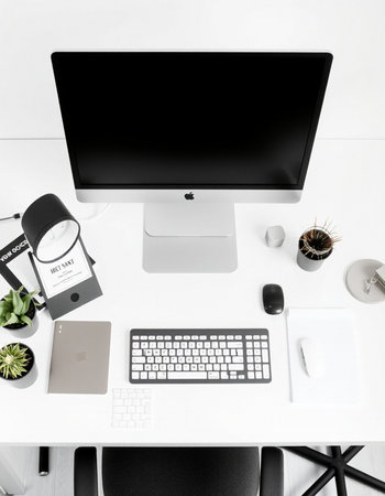 Top view of modern workplace with computer, supplies and coffee cup. Mock up