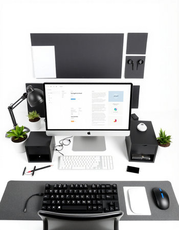Workplace with computer, keyboard, mouse and other equipment on white background
