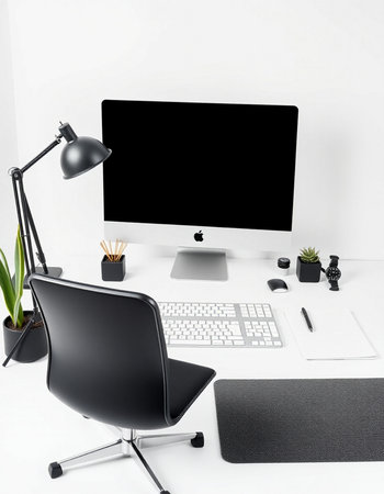 workplace with computer, lamp and stationery. 3d renderingの写真素材