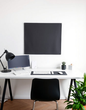 Modern office interior with blank blackboard on the wall. Mock up