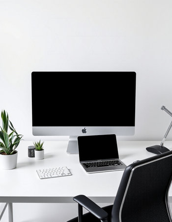 Workplace with blank screen computer, laptop, coffee cup and plant on white background