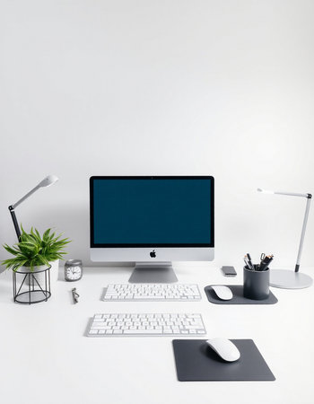 modern workplace with computer, stationery and other items on white background