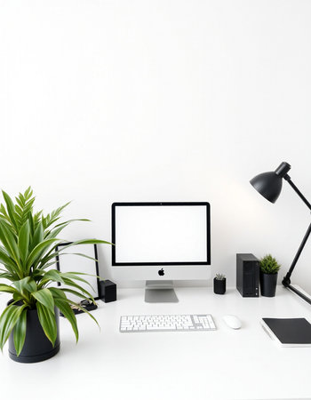 Modern workplace with computer, keyboard, mouse and office supplies. Workplace concept