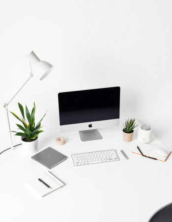 Modern workplace with computer and stationery on white background. Flat lay, top viewの写真素材