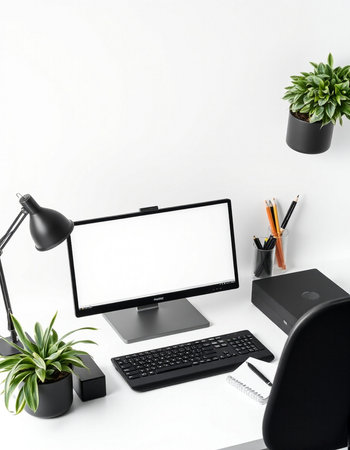 Workplace with blank screen computer, keyboard, mouse, pencils, lamp and plant on white backgroundの写真素材