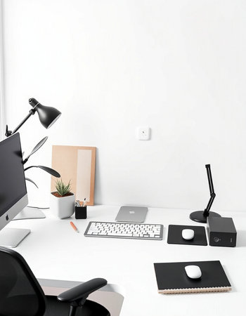 Minimalist workplace with computer, stationery and supplies. Mock up, 3D Rendering