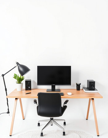 Workplace with computer and accessories on wooden desk in front of white wall