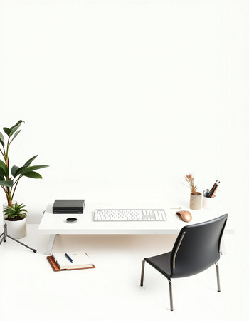 Front view of modern workplace with blank white wall, coffee cup, keyboard, stationery and plant. Mock up, 3D Renderingの写真素材