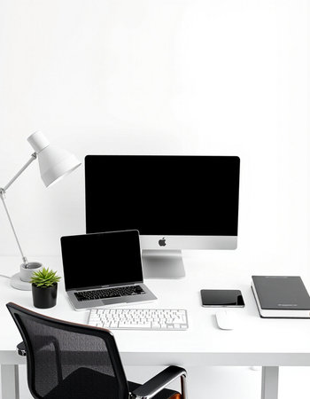 workplace with computer, lamp and other items, isolated on white