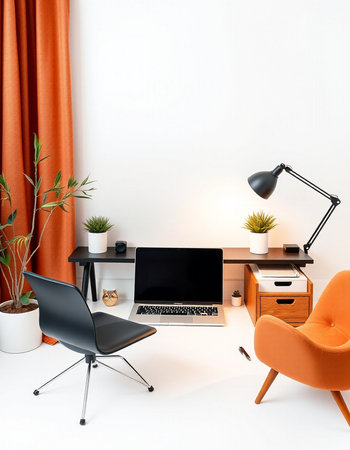Interior of modern living room with orange armchair, computer and plant. 3d renderの写真素材