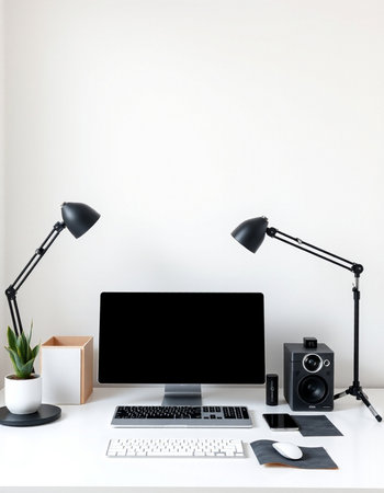 Workplace with computer, mouse, lamp and coffee cup on table