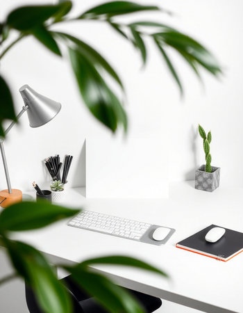 Minimalistic workspace with computer, keyboard, mouse, stationery and green plants on white table