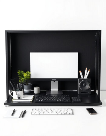 Modern workplace with blank screen computer, stationery and coffee cup on white background