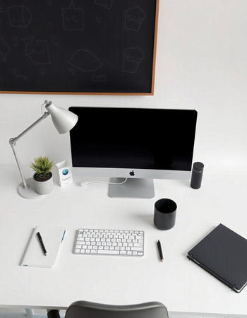 workplace with computer and stationery on white table. 3d rendering