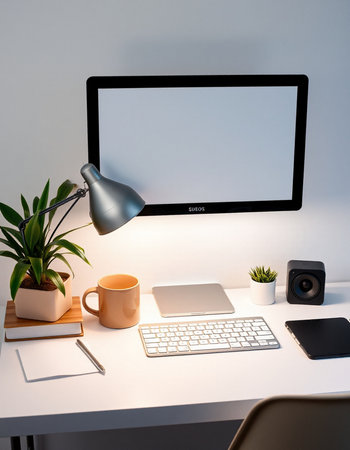 Modern workspace with blank screen computer laptop, coffee cup and other items. Mock up