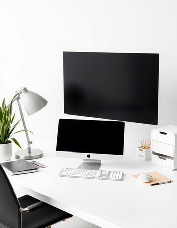 Modern workspace with blank screen computer monitor, keyboard, mouse, stationery and coffee cup....