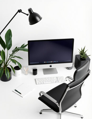 Modern workspace with computer and office accessories on white background. 3d rendering.