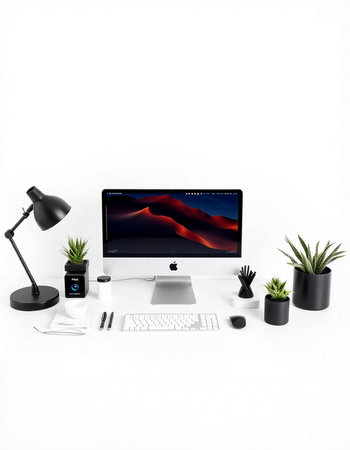 Modern workspace with computer, keyboard, mouse, lamp and plant isolated on white