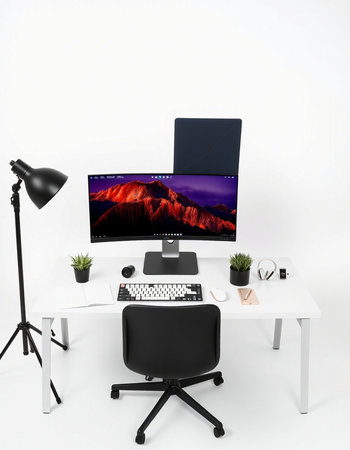 modern workspace with computer on table and lighting equipment. 3d rendering.